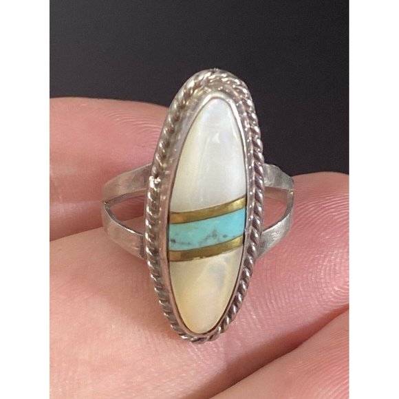 Native American SJ Sterling Silver Turquoise MOP Ring Size 6 - Picture 1 of 5